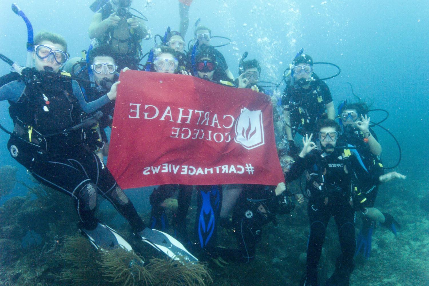 学生们手持<a href='http://sfuq.ngskmc-eis.net'>bv伟德ios下载</a>旗帜，在j学期洪都拉斯游学之旅中潜水.